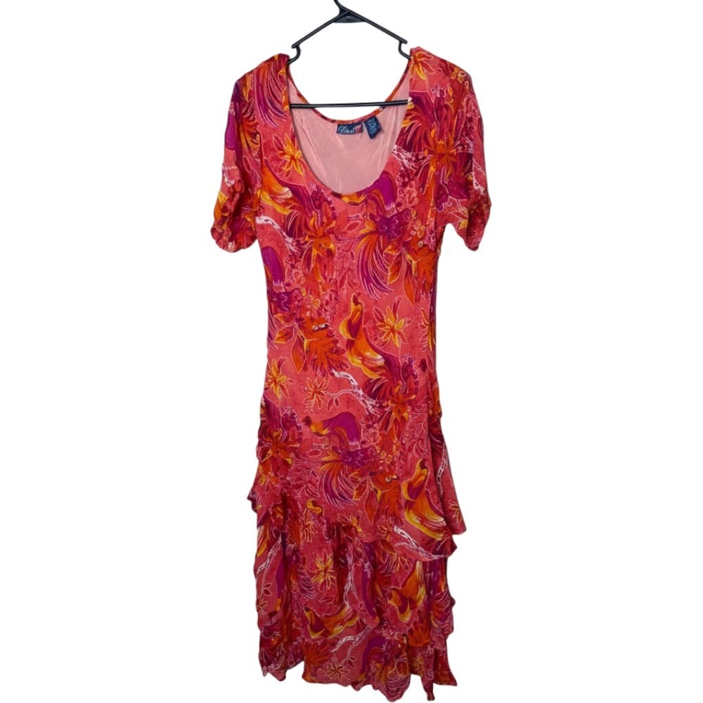 Phool Womens XL Pink Tropical Bird Floral Tiered Ruffle Asymmetrical Midi Dress